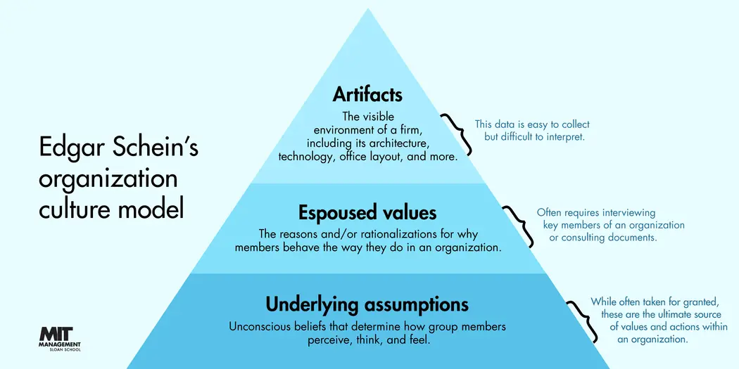 Edgar Schein's organization culture model with the three components of Artifacts, Espoused values, and Underlying assumptions. Artifacts   The visible constructed environment of an organization, including its architecture, technology, office layout, dress code, and public documents. Espoused values are the reasons and/or rationalizations for why members behave the way they do in an organization. Underlying assumptions are unconscious beliefs that determine how group members perceive, think, and feel.