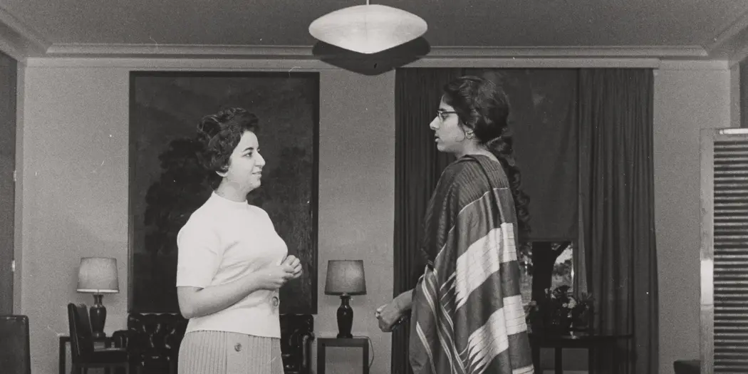 Photo of Hanna Kheir-El-Din and Asha Seth Kapadia in Stanley McCormick Hall in 1963