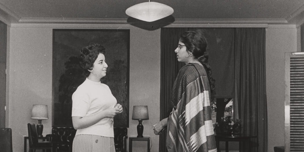 Photo of Hanna Kheir-El-Din and Asha Seth Kapadia in Stanley McCormick Hall in 1963