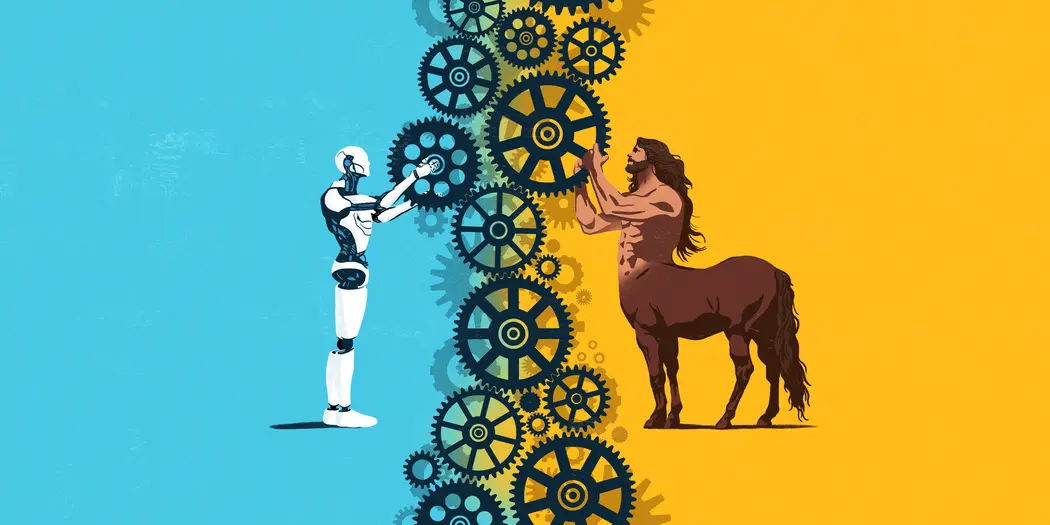 A cyborg and centaur are manipulating cogwheels
