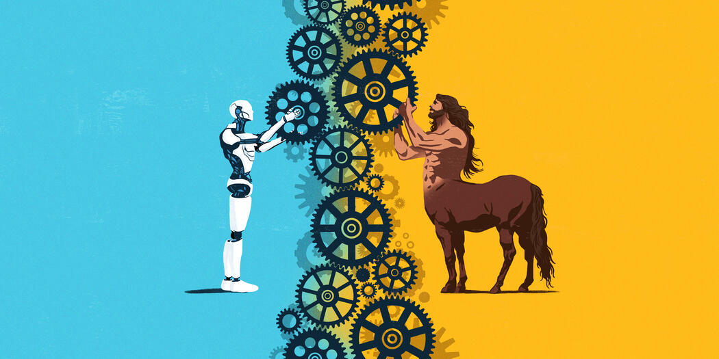 A cyborg and centaur are manipulating cogwheels
