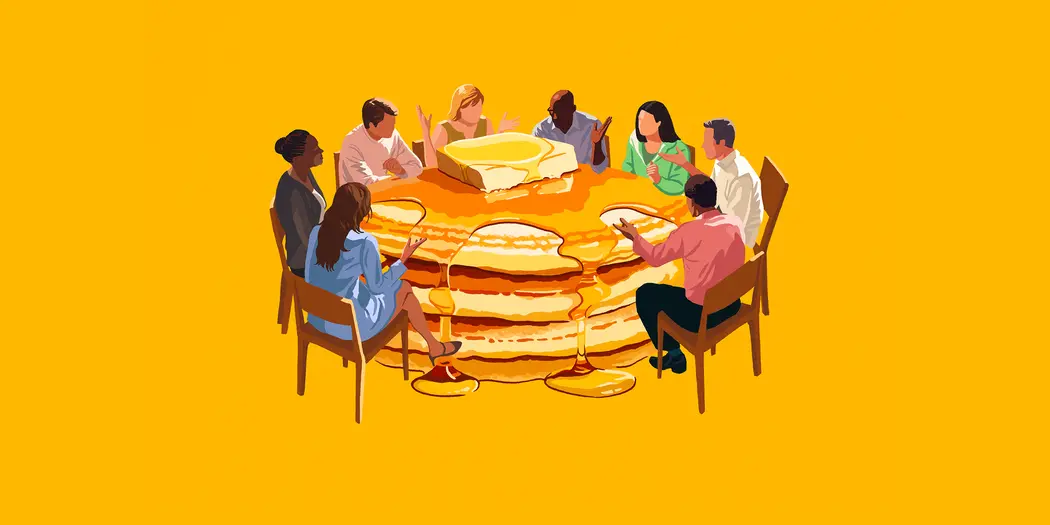 An illustration of a diverse mix of people surrounding a table that looks like a stack of pancakes
