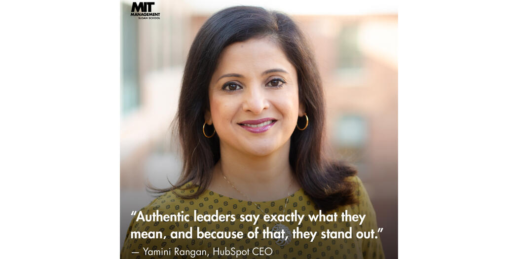 An image of Yamini Rangan with the words: “Authentic leaders say exactly what they mean, and because of that, they stand out.”