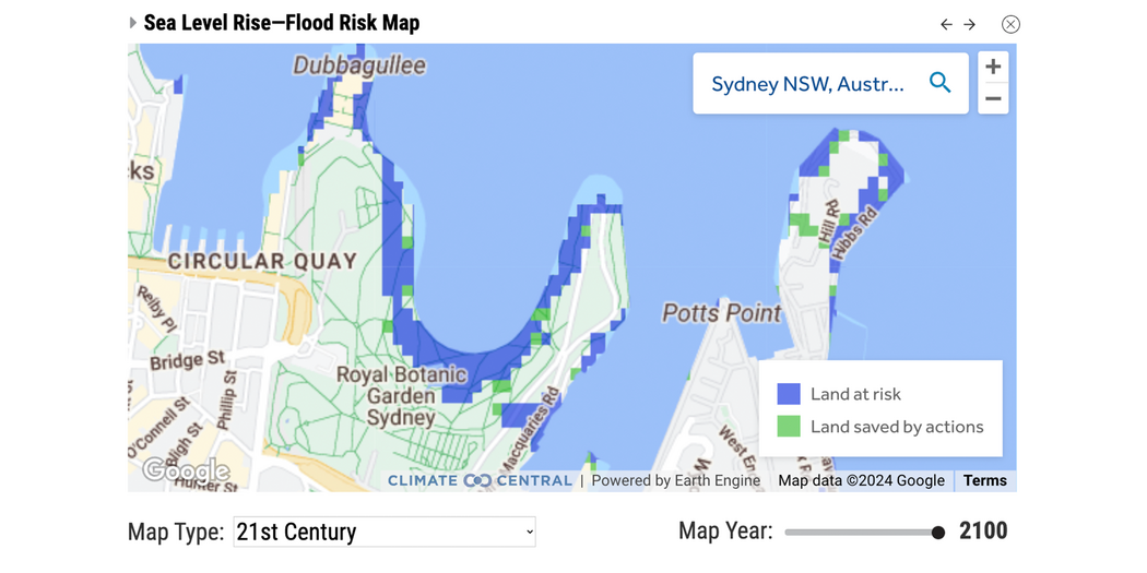 Map of land at risk of flooding from sea level rise and the land save by action in Sydney, Australia