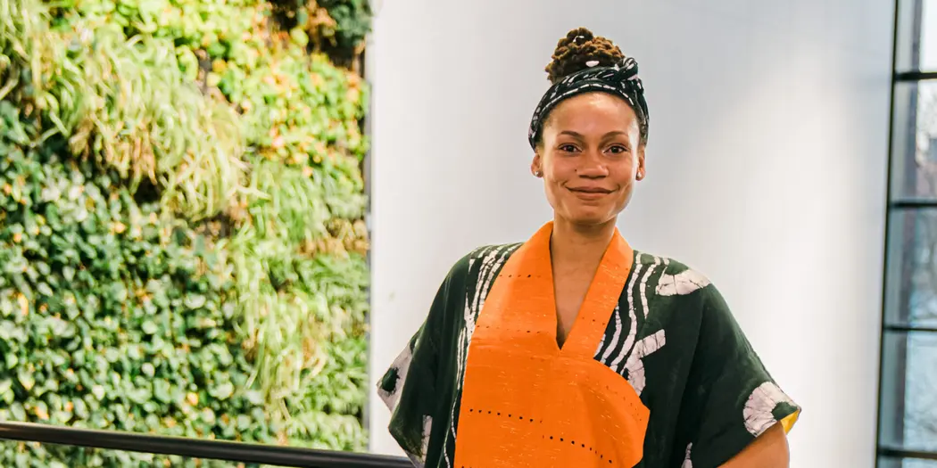 Affiong Williams, Founder ReelFruit, standing against a railing outside