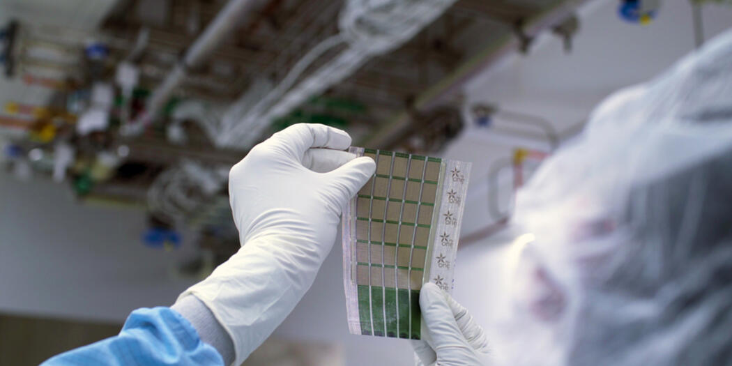 Researcher holds up a green small sheet of plastic to the light