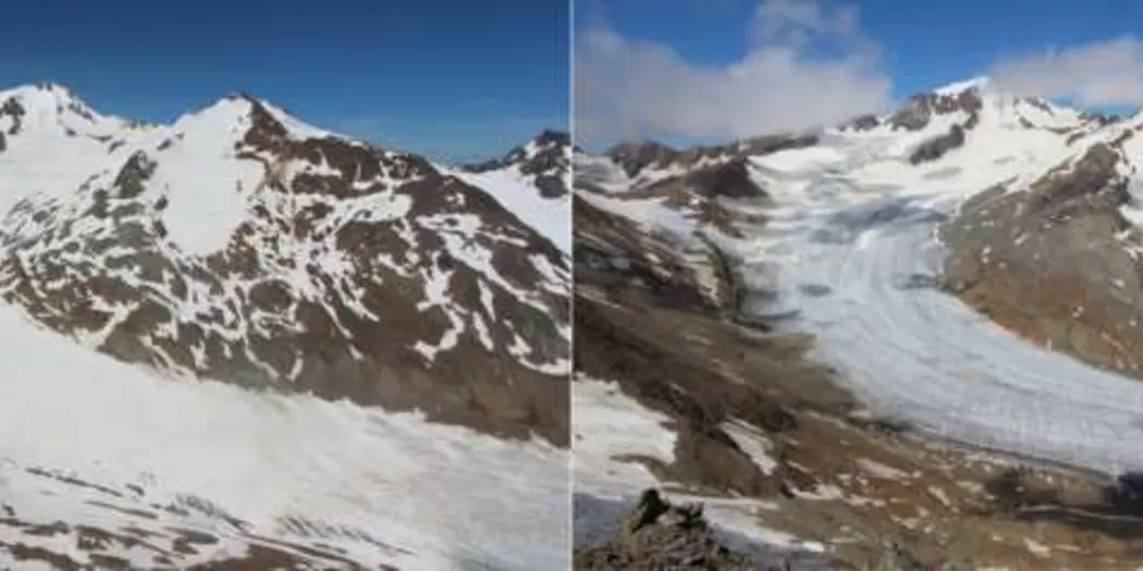 side by side photo of ice glacier receding
