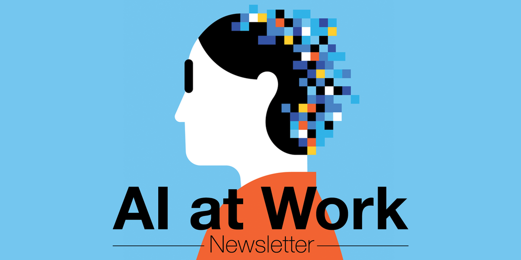 An illustration of a person with pixels coming out of their head with the words: "AI at Work."
