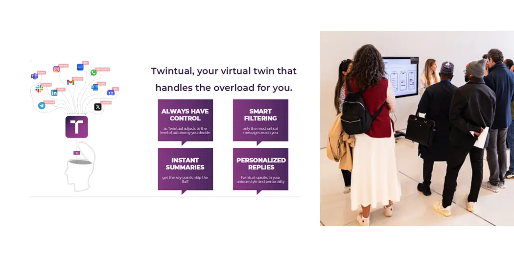 Photo of people standing in front of a presentation in an art gallery