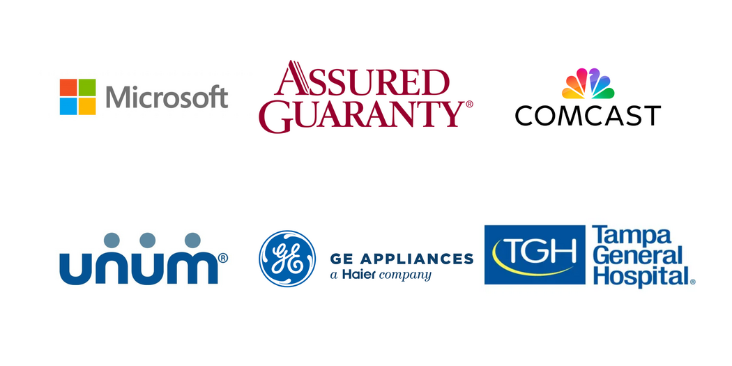 Logos of the founding partners of the MBAn Consortium. Top row, from left to right: Microsoft, Assured Guaranty, Comcast. Bottom row, from left to right: unum, GE Appliances, Tampa General Hospital
