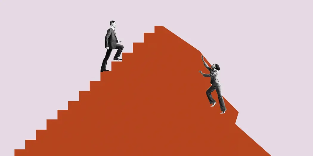 Illustration of a white man ascending steps on a hillside, while a woman of color struggles to rise on the other side, where there is not stairway