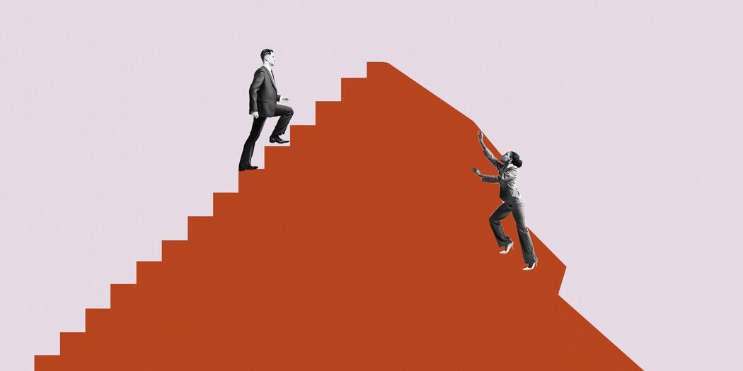 Illustration of a white man ascending steps on a hillside, while a woman of color struggles to rise on the other side, where there is not stairway