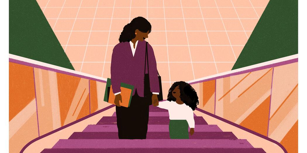 Illustration of a mother dressed for work going up an escalator with her child