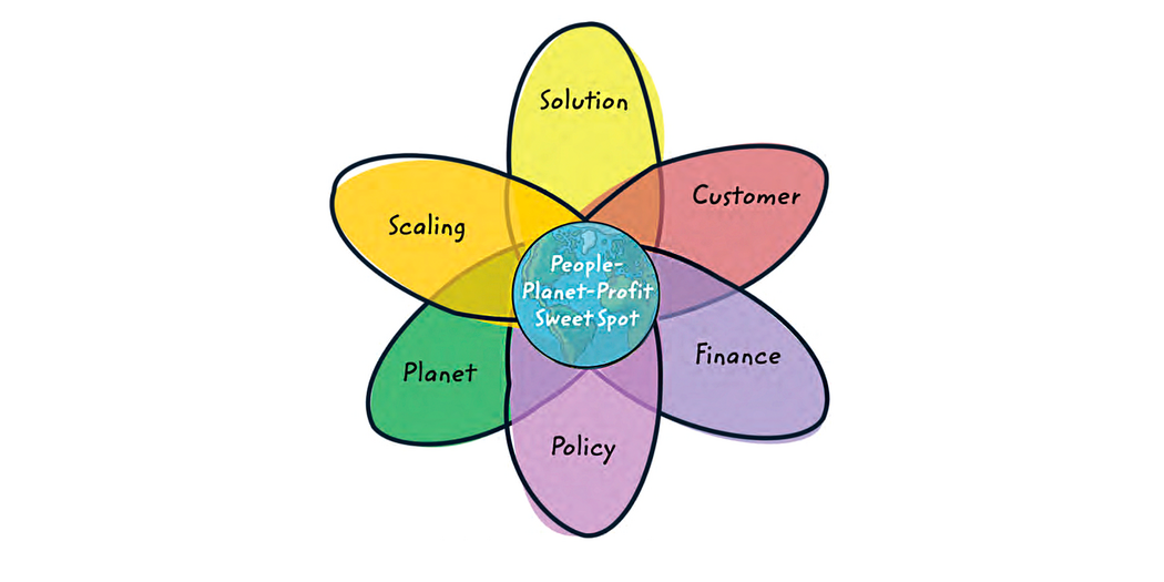 A venn diagram showing a center "sweet spot" where a venture has a positive impact in terms of people, planet, and profits. Components include solution, customer, finance, policy, planet, and scaling.