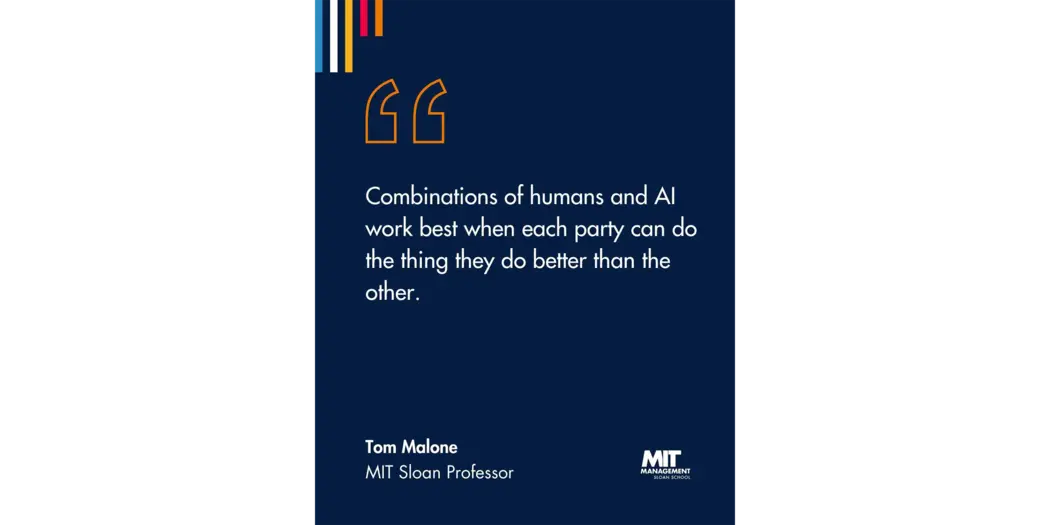 Quote: “Combinations of humans and AI work best when each party can do the thing they do better than the other.” Tom Malone, Director, MIT Center for Collective Intelligence