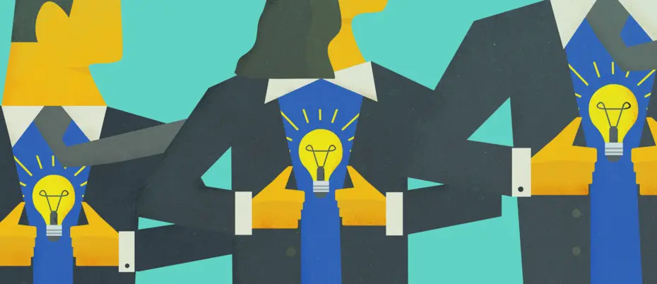 Intrapraneurship illustration of three workers wearing lightbulb t-shirts under their suits.