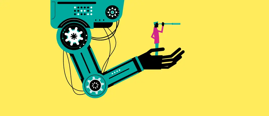 Illustration of robot holding a human who's looking into the future with a telescope