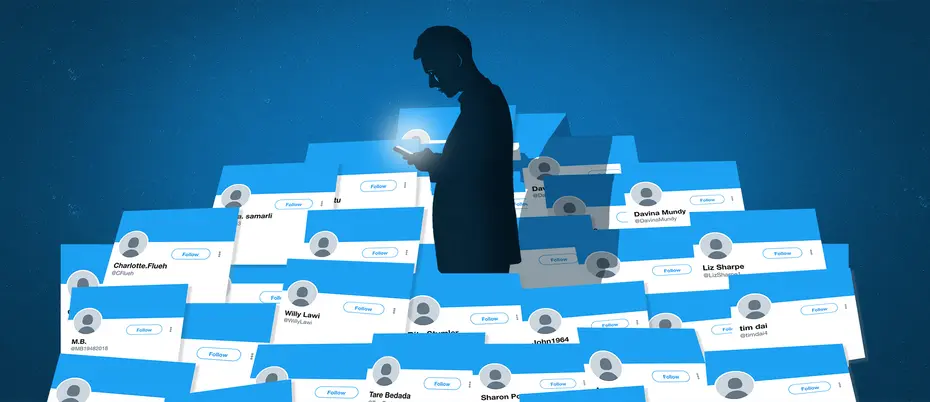 Illustration of a person being swarmed with online bots