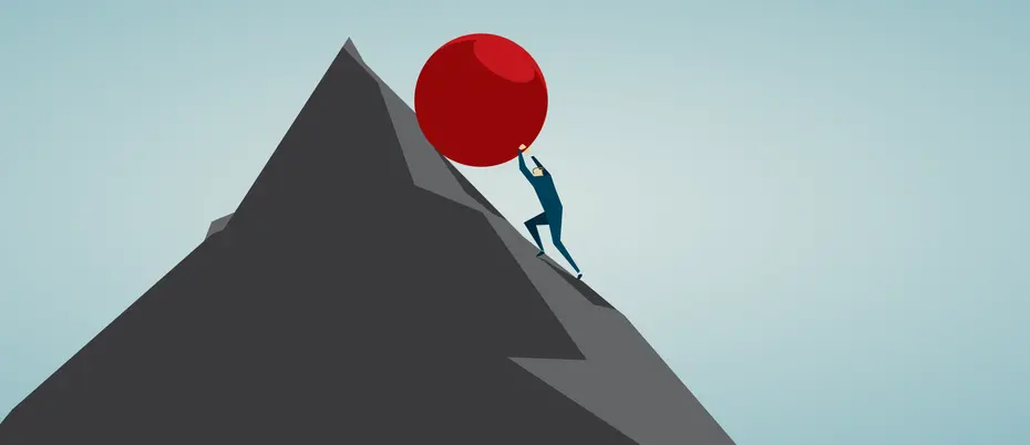 Person lifting an incredibly huge boulder up a mountain
