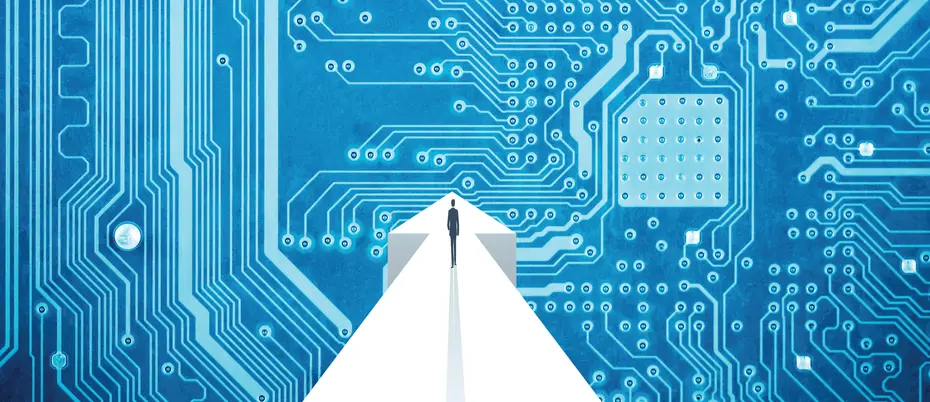 Business person walking into digital landscape