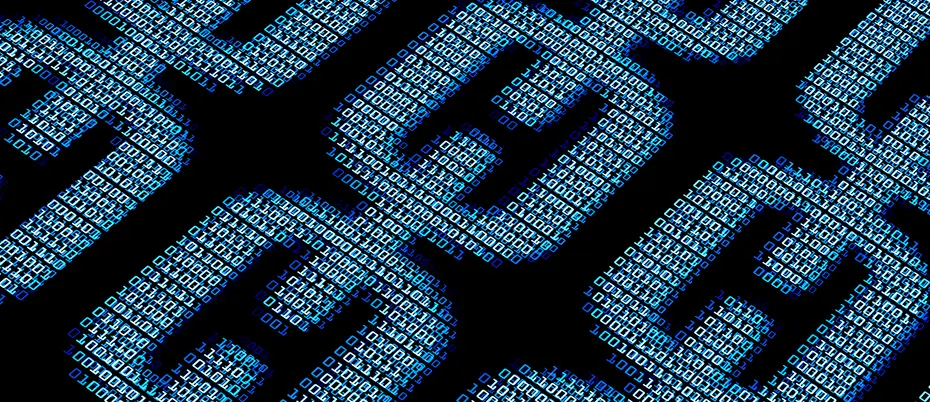 Close-up of chain made of binary code, representing blockchain