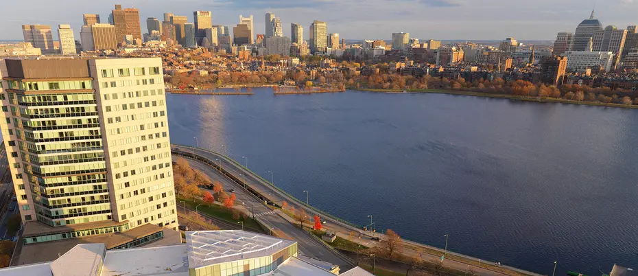 Boston skyline aerial overlooking Charles River