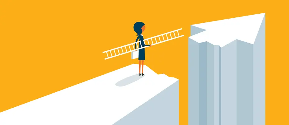 Illustration of businesswoman carrying ladder by obstacle