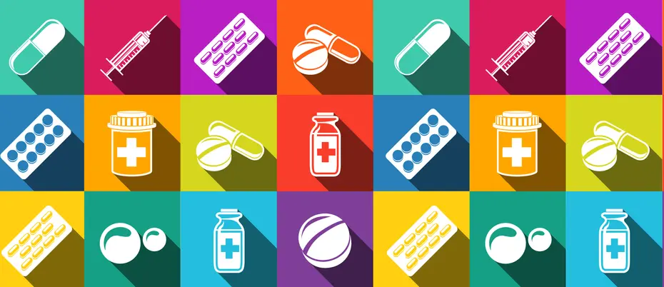 Illustration of colorful pill/medication pattern