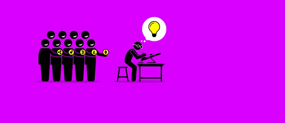 Illustration of entrepreneur and people offering cryptocurrencies