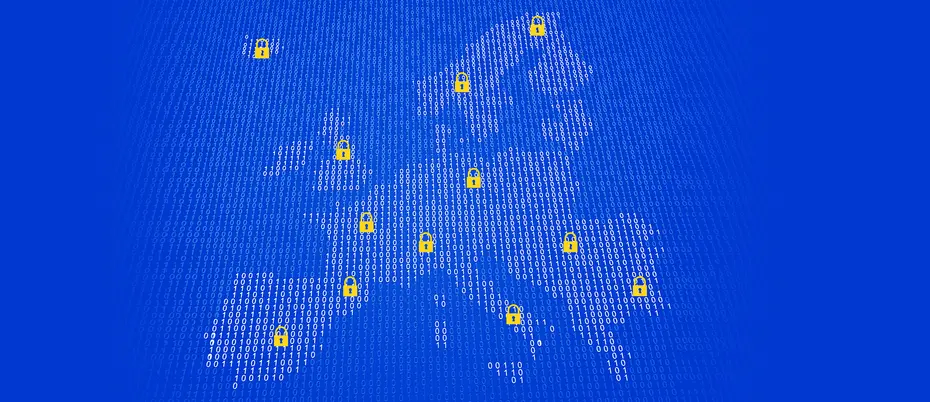 European Union map made of binary code with locks representing GDPR