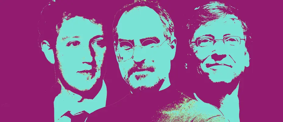 Ilustration of Mark Zuckerberg, Steve Jobs, and Bill Gates