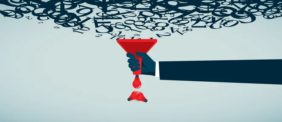 Illustration of a number cloud entering funnel, producing ideas