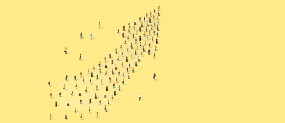 Illustration of crowd of people forming arrow