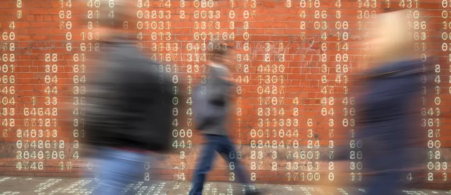 People walking amongst data numbers
