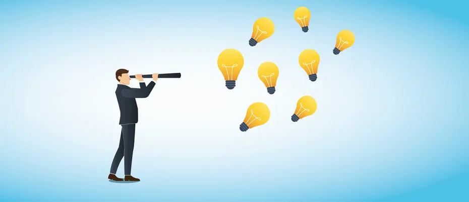 Illustration of person looking through telescope at lightbulbs