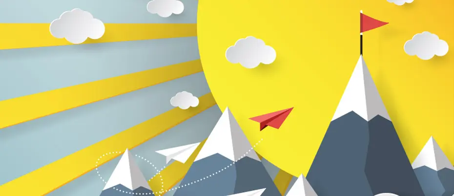 Illustration of sunburst behind mountain landscape