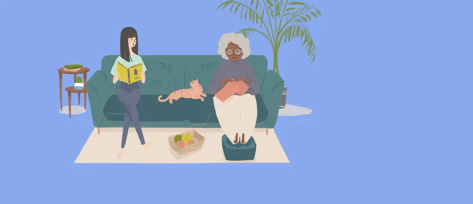 Woman knitting and woman reading on couch