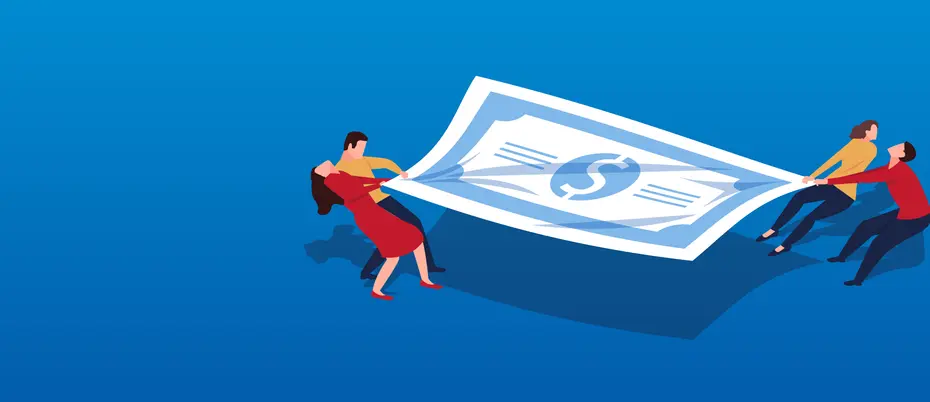 Illustration of business people fighting over a dollar bill
