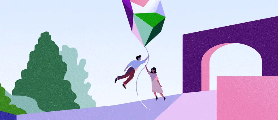 Illustration of two people floating away on abstract, geometric hot air balloon