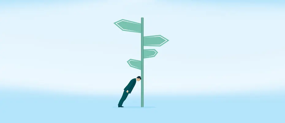 Illustration of man stuck at wayfinding sign