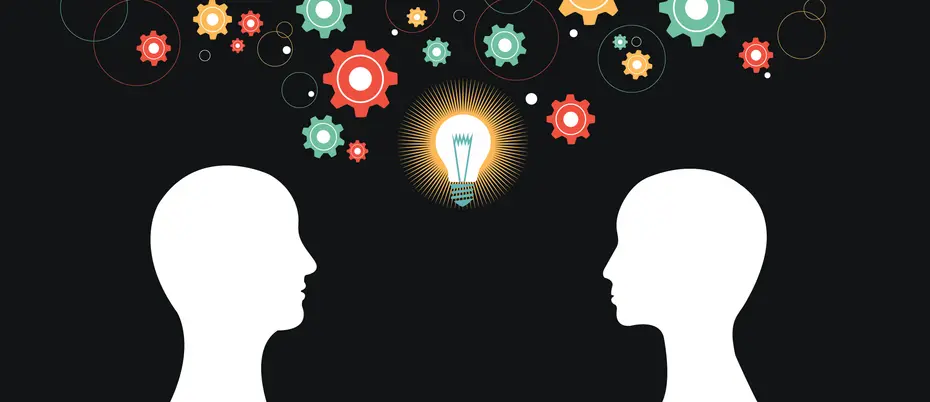Illustration of a lightbulb and two heads looking at each other, generating ideas.