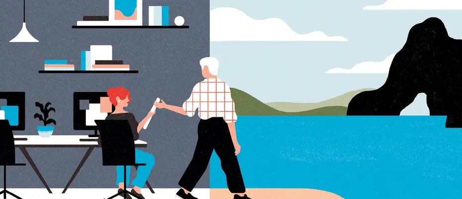 A retiring employee receives paperwork from colleague and heads off into a peaceful ocean landscape