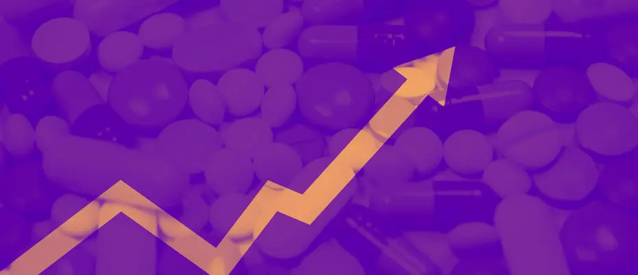 Chart arrow line over pharmaceutical pills background