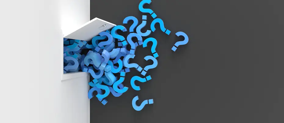 Question marks coming through a door