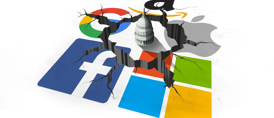 A fault line divides the US capitol building from the big tech company logos: Amazon, Google, Facebook, Microsoft, and Apple