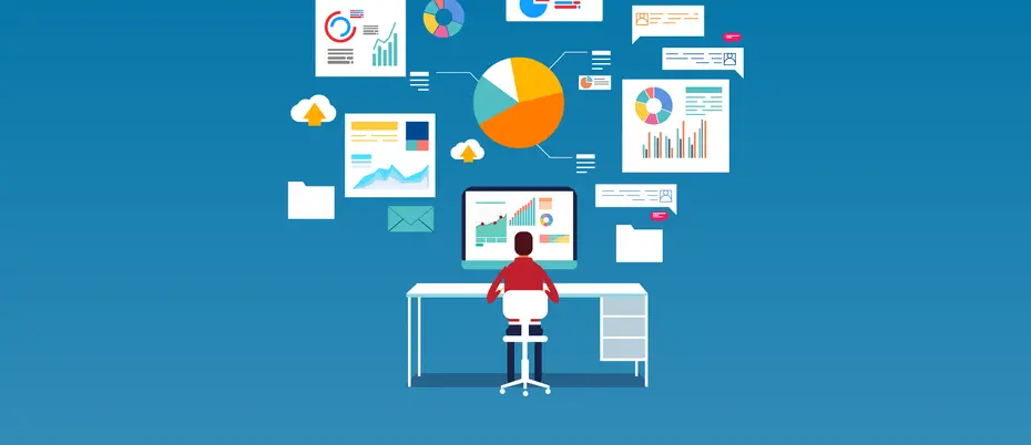 Worker on computer creating data visualization. Various charts loom above him.