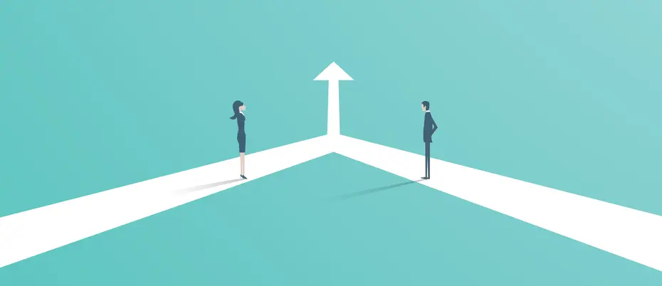 An illustration of two people standing on converging pathways that become a single pathway that points toward the future together.