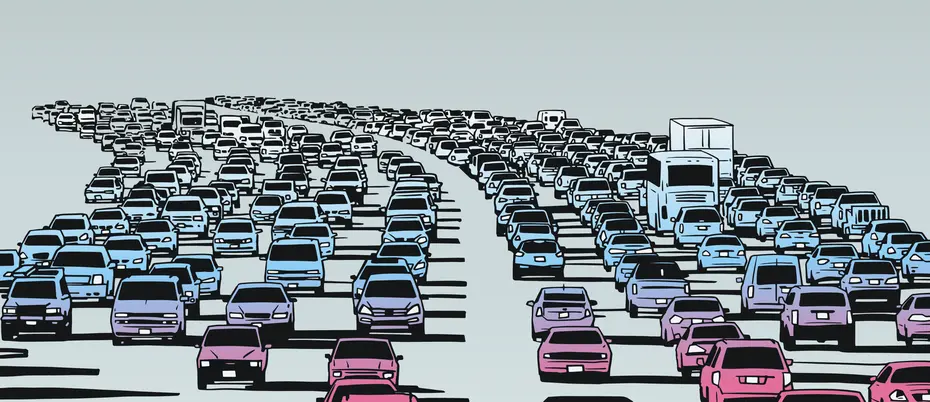 An illustration of a traffic jam stretching into the horizon.