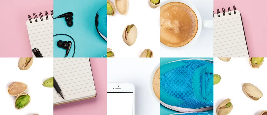 Collage of objects, including pistachios, coffee mug, earphones, sneakers, mobile device, and notebook and pen.