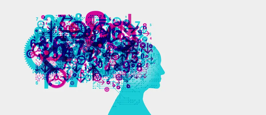 Illustration of a cloud of numbers, gears, and technology coming from a robot profile